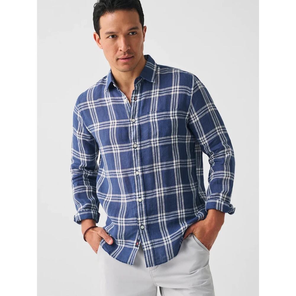 Faherty Men’s Linen Laguna Shirt in Blue Jetty Plaid Size Medium